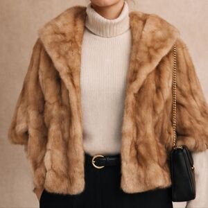 Vintage Mink Fur Capelet Cropped Fur Jacket | Light Brown | Old Hollywood